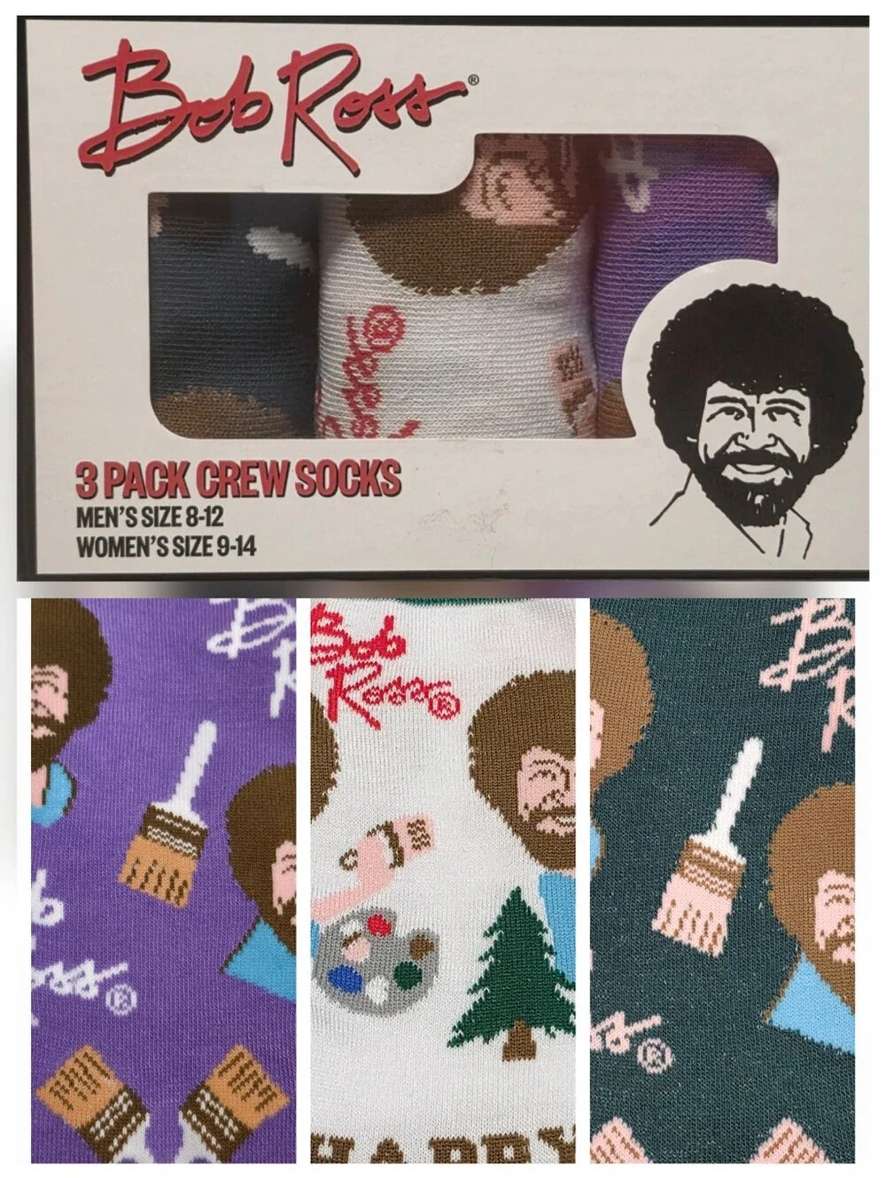 Crew Socks Bob Ross Gift Box Happy Little Trees 3 Pairs For Shoes Size 9 - 14